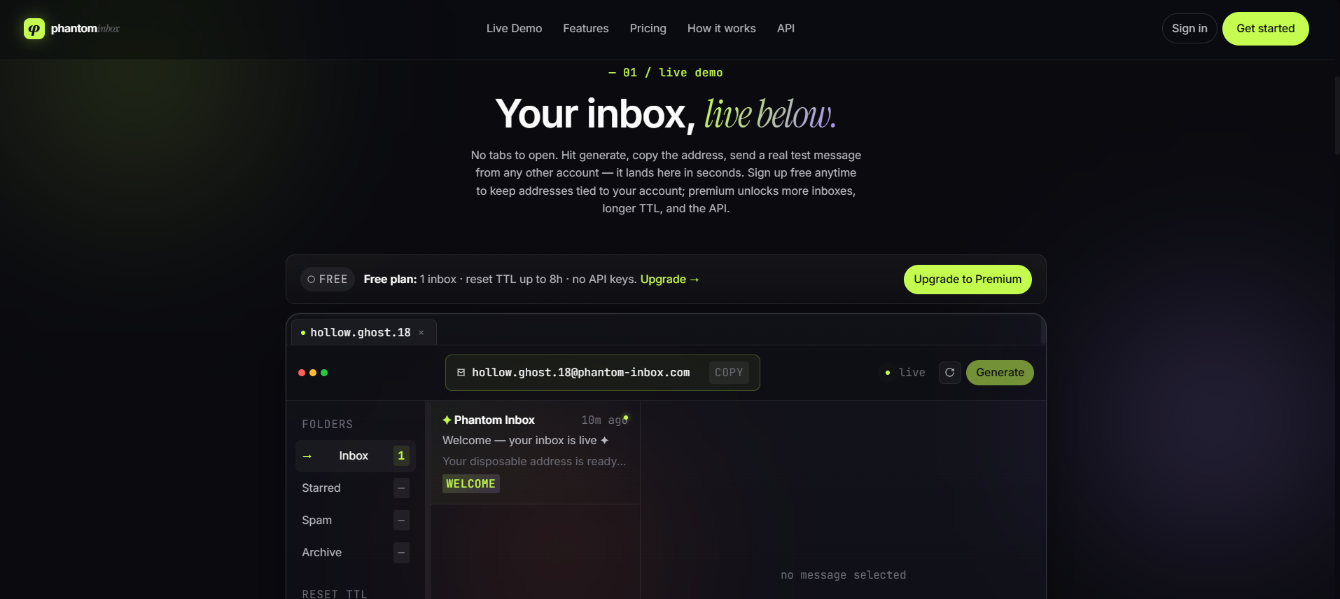 Phantom Inbox — landing and disposable inbox UI